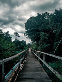 Footbridge amidst trees against sky