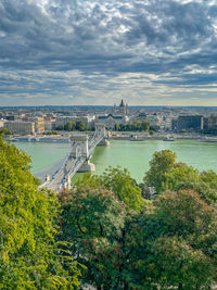 High angle view of river amidst buildings against sky