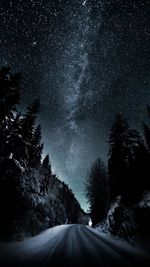 Road amidst trees against sky at night