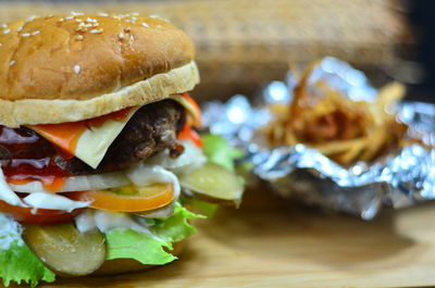 Close-up of burger on table