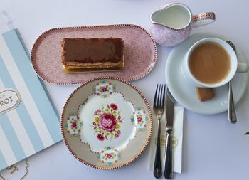 High angle view of coffee served on table