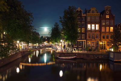 Reflection of illuminated buildings in canal at night