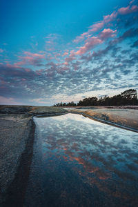 Scenic view of lake against sky at sunset