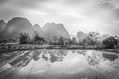 Reflection of trees in lake against sky