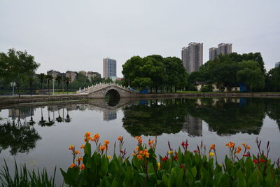 Scenic view of lake by buildings against sky