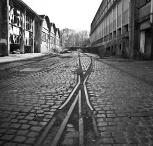 Surface level of railroad tracks amidst buildings in city