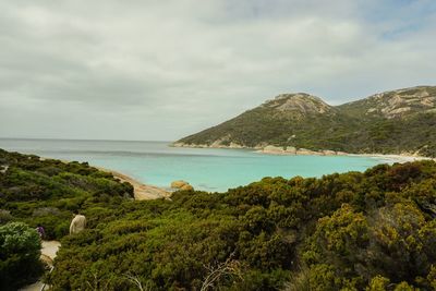 Scenic view of sea and mountains against sky