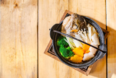 High angle view of food in bowl on table