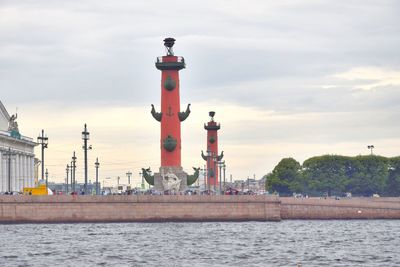 Lighthouse by sea against sky