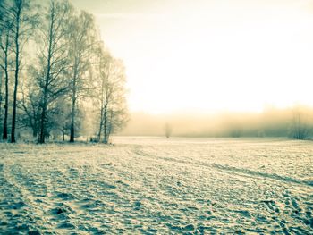 Snow covered field against sky
