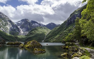 Scenic view of river with mountain in background