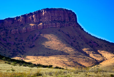 Rock formations on landscape against blue sky