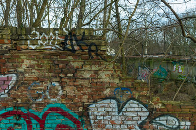 Close-up of graffiti on brick wall