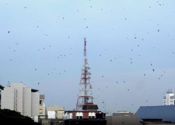 Low angle view of cityscape against clear sky