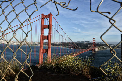 View of bridge through chainlink fence