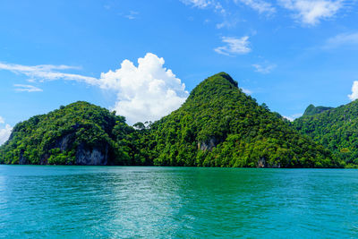Scenic view of sea and mountains against sky