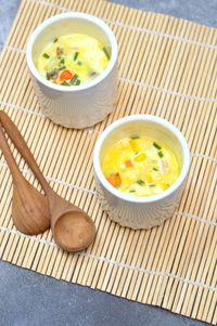 High angle view of soup in bowl on table