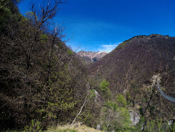 Scenic view of mountains against blue sky