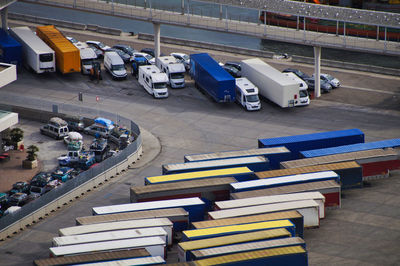 High angle view of trucks in parking lot