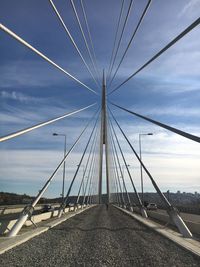 Low angle view of suspension bridge against sky