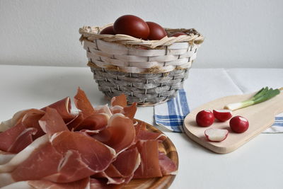 Close-up of ham and eggs in basket on table