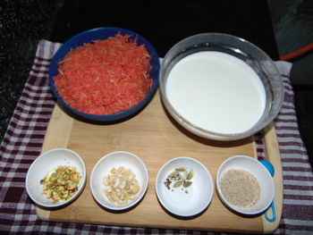 High angle view of breakfast on table