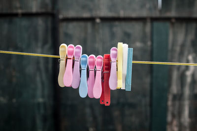 Close-up of multi colored clothespins hanging on rope