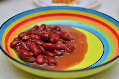 Close-up of food in multi colored plate