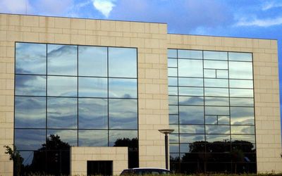 Low angle view of modern building against sky