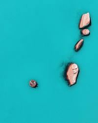 High angle view of lake with rocks and a coracle