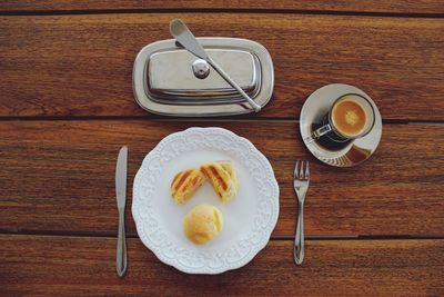 High angle view of breakfast on table