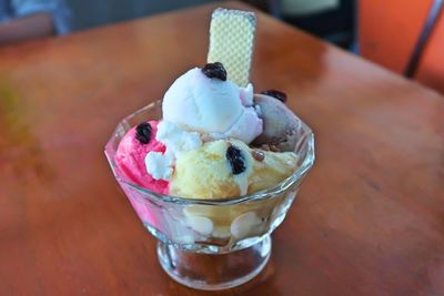 Close-up of ice cream in glass on table