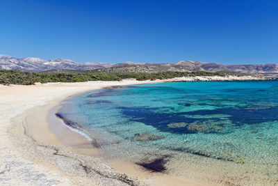 Scenic view of sea against clear blue sky