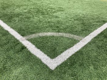 High angle view of soccer field corner markings 