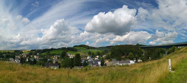 Scenic view of field against cloudy sky