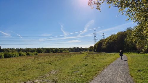 Rear view of person walking on road amidst field against sky