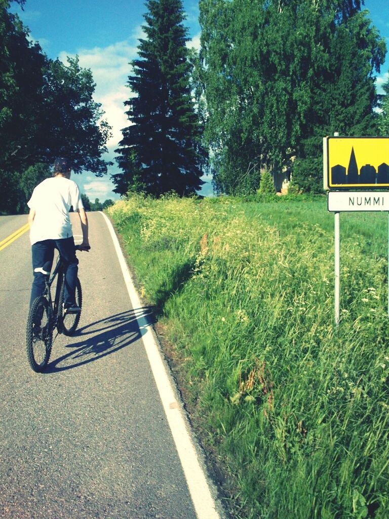 transportation, bicycle, tree, road, grass, land vehicle, mode of transport, yellow, street, the way forward, cycling, road marking, road sign, field, day, riding, growth, outdoors