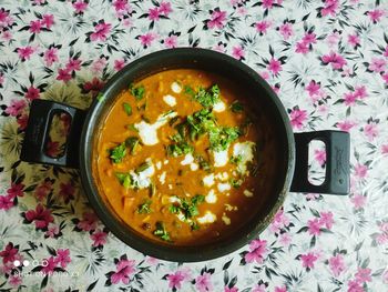 High angle view of soup on table