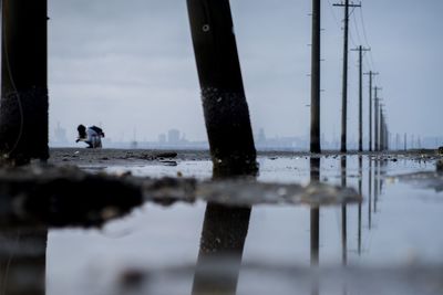 Reflection of telephone poles on puddle by photographer against sky during monsoon