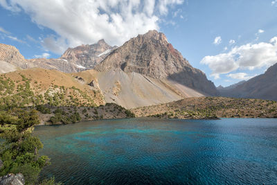 Panoramic view of lake and mountains against sky