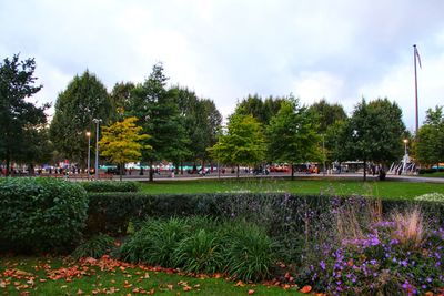 Scenic view of park against cloudy sky