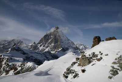 Scenic view of snow covered mountains against sky