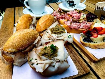 High angle view of breakfast served on table