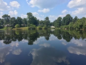 Reflection of trees in lake against sky