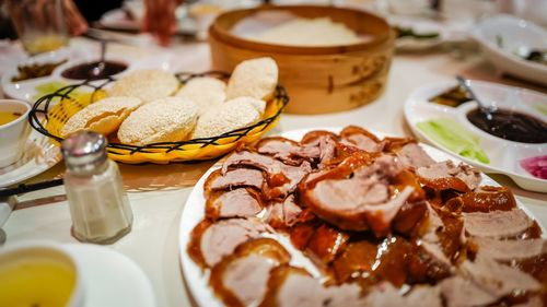 Close-up of food served on table at home