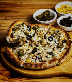 Close-up of pizza served on table