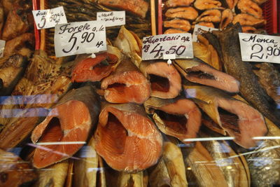 Full frame shot of seafood with labels on window display at store