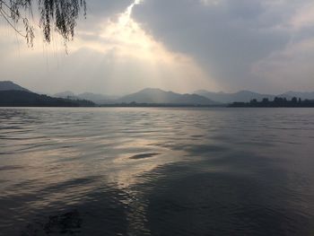 Scenic view of lake against cloudy sky