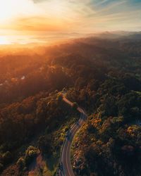 High angle view of road amidst trees during sunset
