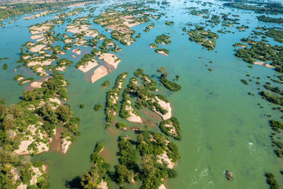 Aerial views of the mekong river with many sand bars and islands, cambodia